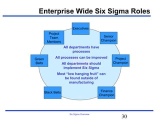 Enterprise Wide Six Sigma Roles

                            Executives
          Project
          Team                                   Senior
         Members                                Champion

                       All departments have
                             processes



                            6σ
Green          All processes can be improved           Project
Belts                 All departments should          Champion
                       implement Six Sigma
                Most “low hanging fruit” can
                    be found outside of
                       manufacturing

        Black Belts                             Finance
                                               Champion




                          Six Sigma Overview
                                                           30
 