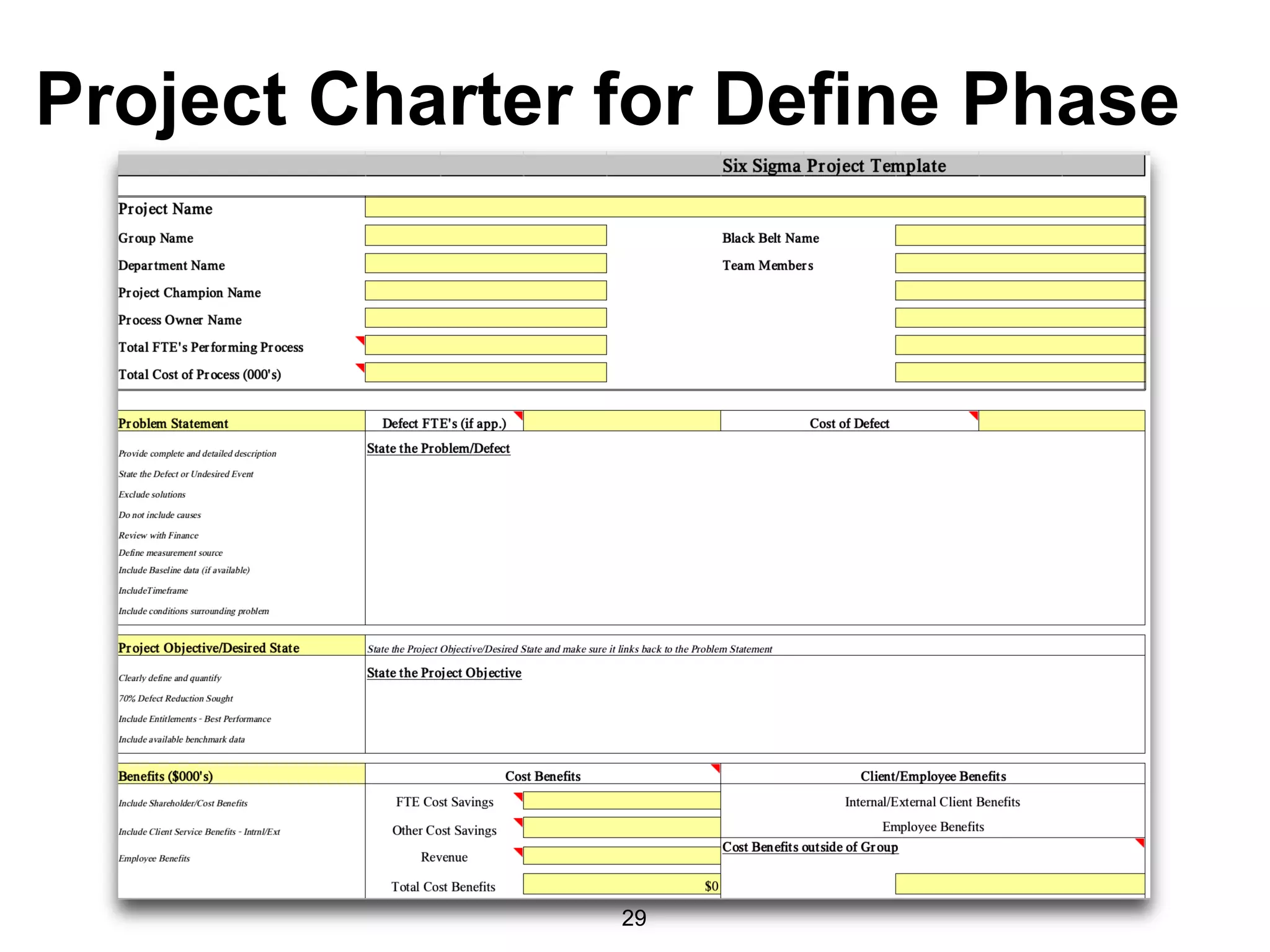 29
Project Charter for Define Phase
 