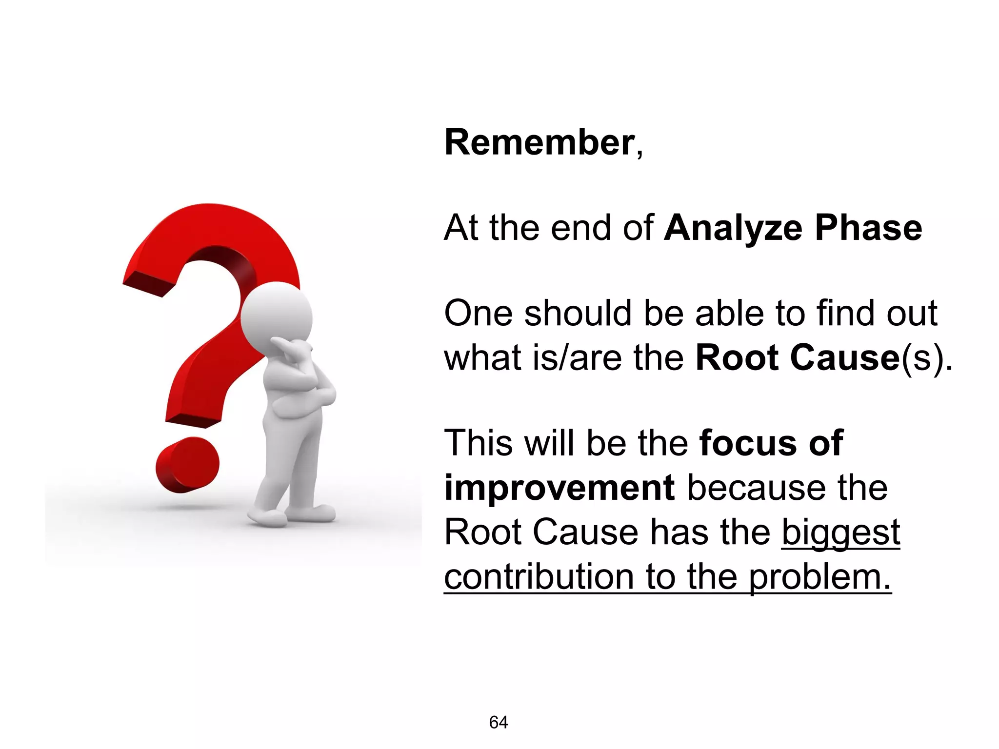 Remember,
At the end of Analyze Phase
One should be able to find out
what is/are the Root Cause(s).
This will be the focus of
improvement because the
Root Cause has the biggest
contribution to the problem.
64
 