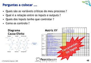 Perguntas a colocar ...
 •     Quais são as variáveis críticas do meu processo ?
 •     Qual é a relação entre os inputs e outputs ?
 •     Quais dos inputs tenho que controlar ?
 •     Como os controlo ?

           Diagrama                   Matriz XY
           Causa-Efeito


                                                              tas
                                                           en a
                                                      r ram igm
                                                    Fe ix S
                                                       S

© Profitability Engineers, 2009                                     48
 