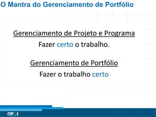 Título do Slide
Máximo de 2 linhas
Gerenciamento de Projeto e Programa
Fazer certo o trabalho.
Gerenciamento de Portfólio
Fazer o trabalho certo
O Mantra do Gerenciamento de Portfólio
 