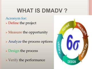 WHAT IS DMADV ?
Acronym for:
 Define the project
 Measure the opportunity
 Analyze the process options
 Design the process
 Verify the performance 17
 