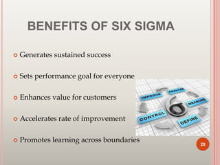 BENEFITS OF SIX SIGMA
 Generates sustained success
 Sets performance goal for everyone
 Enhances value for customers
 Accelerates rate of improvement
 Promotes learning across boundaries
20
 