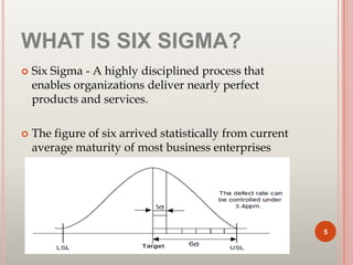 WHAT IS SIX SIGMA?
 Six Sigma - A highly disciplined process that
enables organizations deliver nearly perfect
products and services.
 The figure of six arrived statistically from current
average maturity of most business enterprises
5
 