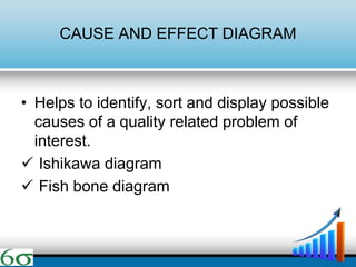 CAUSE AND EFFECT DIAGRAM
• Helps to identify, sort and display possible
causes of a quality related problem of
interest.
 Ishikawa diagram
 Fish bone diagram
 