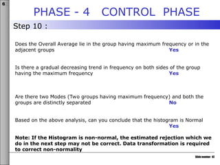 Slide number: 42
6σ
Does the Overall Average lie in the group having maximum frequency or in the
adjacent groups Yes
Is there a gradual decreasing trend in frequency on both sides of the group
having the maximum frequency Yes
Are there two Modes (Two groups having maximum frequency) and both the
groups are distinctly separated No
Based on the above analysis, can you conclude that the histogram is Normal
Yes
Note: If the Histogram is non-normal, the estimated rejection which we
do in the next step may not be correct. Data transformation is required
to correct non-normality
PHASE - 4 CONTROL PHASE
Step 10 :
 