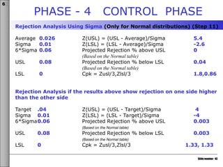 Slide number: 43
6σ
Rejection Analysis Using Sigma (Only for Normal distributions) (Step 11)
Average 0.026 Z(USL) = (USL - Average)/Sigma 5.4
Sigma 0.01 Z(LSL) = (LSL - Average)/Sigma -2.6
6*Sigma 0.06 Projected Rejection % above USL 0
(Based on the Normal table)
USL 0.08 Projected Rejection % below LSL 0.04
(Based on the Normal table)
LSL 0 Cpk = Zusl/3,Zlsl/3 1.8,0.86
Rejection Analysis if the results above show rejection on one side higher
than the other side
Target .04 Z(USL) = (USL - Target)/Sigma 4
Sigma 0.01 Z(LSL) = (LSL - Target)/Sigma -4
6*Sigma0.06 Projected Rejection % above USL 0.003
(Based on the Normal table)
USL 0.08 Projected Rejection % below LSL 0.003
(Based on the Normal table)
LSL 0 Cpk = Zusl/3,Zlsl/3 1.33, 1.33
PHASE - 4 CONTROL PHASE
 