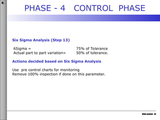 Slide number: 44
6σ
Six Sigma Analysis (Step 13)
6Sigma = 75% of Tolerance
Actual part to part variation= 50% of tolerance.
Actions decided based on Six Sigma Analysis
Use pre control charts for monitoring
Remove 100% inspection if done on this parameter.
PHASE - 4 CONTROL PHASE
 
