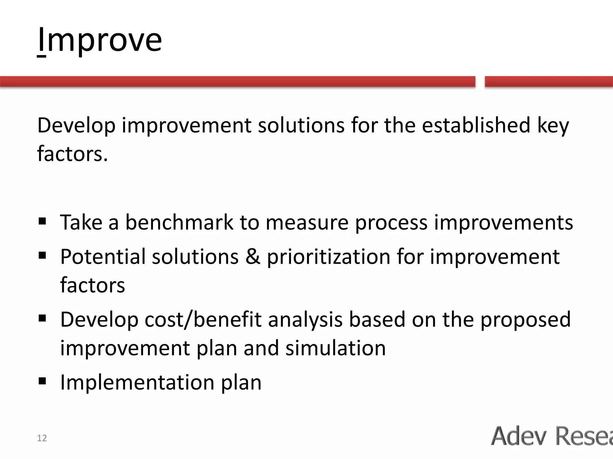Six Sigma Process8DesignGoals based on a customer centric focus.MeasureMeasure the current procedure and gather relevant data.AnalyzeVerify relationship of factors and ensure that all factors have been reviewed.Optimize and improve the current process.ImproveControlControl the new process.