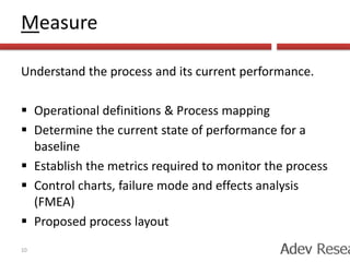 Six Sigma GoalsDevelop a customer centric focus with a clear link to business strategyFocus on key business issues that are essential to customer opportunitiesReduce waste and increase process speed and efficiencies6