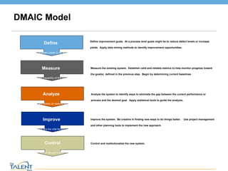 DMAIC Model Define What problem needs to be solved Measure What is the capability of the process? Analyze When and where do defects occur? Improve What are the vital factors? Control What controls can be put in place to sustain? Define improvement goals.  At a process level goals might be to reduce defect levels or increase yields.  Apply data mining methods to identify improvement opportunities. Measure the existing system.  Establish valid and reliable metrics to help monitor progress toward the goal(s)  defined in the previous step.  Begin by determining current baselines. Analyze the system to identify ways to eliminate the gap between the current performance or process and the desired goal.  Apply statistical tools to guide the analysis. Improve the system.  Be creative in finding new ways to do things better.  Use project management and other planning tools to implement the new approach. Control and institutionalize the new system.  © The Talent Buzz 