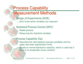 Process Capability
Measurement Methods
• Design of Experiments (DOE)
     – Don’t know which variables are important

• Statistical Process Control (SPC)
     – Stable process
     – Measuring the important variables

• Process Capability (Cp)
     – Describes the ratio between process variability and the
       upper and lower specification limits.
     – Based on normal distribution statistics, which is valid only if
       there is no assignable cause variation!


May 16, 2012   © Strategic Modularity Inc. 2012   www.strategicmodularity.com   Page 11 of 40
 