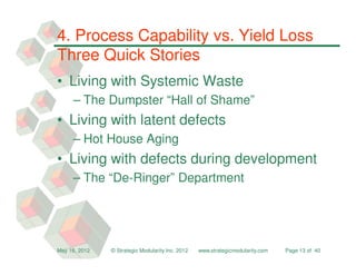 4. Process Capability vs. Yield Loss
Three Quick Stories
• Living with Systemic Waste
     – The Dumpster “Hall of Shame”
• Living with latent defects
     – Hot House Aging
• Living with defects during development
     – The “De-Ringer” Department




May 16, 2012   © Strategic Modularity Inc. 2012   www.strategicmodularity.com   Page 13 of 40
 