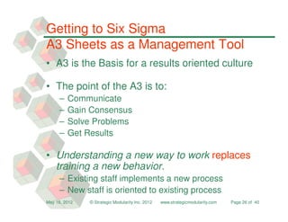 Getting to Six Sigma
A3 Sheets as a Management Tool
• A3 is the Basis for a results oriented culture

• The point of the A3 is to:
     –   Communicate
     –   Gain Consensus
     –   Solve Problems
     –   Get Results

• Understanding a new way to work replaces
  training a new behavior.
     – Existing staff implements a new process
     – New staff is oriented to existing process
May 16, 2012   © Strategic Modularity Inc. 2012   www.strategicmodularity.com   Page 26 of 40
 