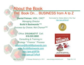 About the Book
THE Book On… BUSINESS from A to Z
    Daniel Feiman, MBA, CMC®                         Nominated for Global eBook of the Year
                                                              http://goo.gl/Gjmz8
        Managing Director
      Build It Backwards(TM)
 Success by Choice; Not Chance(SM)

     Office: 310.540.6717 Cell:
              818.522.2892
       Consulting & Training in:
    Strategy * Finance * Process
  dsfeiman@BuildItBackwards.com
     www.BuildItBackwards.com
          http://goo.gl/j6F5b
         http://goo.gl/TxRuA

May 16, 2012   © Strategic Modularity Inc. 2012   www.strategicmodularity.com   Page 40 of 40
 