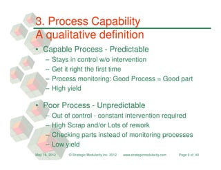 3. Process Capability
A qualitative definition
• Capable Process - Predictable
     –   Stays in control w/o intervention
     –   Get it right the first time
     –   Process monitoring: Good Process = Good part
     –   High yield

• Poor Process - Unpredictable
     –   Out of control - constant intervention required
     –   High Scrap and/or Lots of rework
     –   Checking parts instead of monitoring processes
     –   Low yield
May 16, 2012   © Strategic Modularity Inc. 2012   www.strategicmodularity.com   Page 9 of 40
 