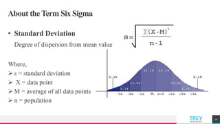 TREYresearch
About the Term Six Sigma
• Standard Deviation
Degree of dispersion from mean value
Where,
 s = standard deviation
 X = data point
 M = average of all data points
 n = population
10
 