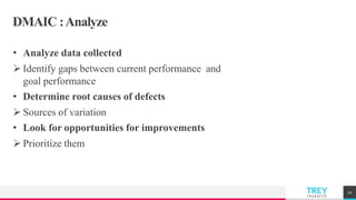 TREYresearch
DMAIC :Analyze
• Analyze data collected
 Identify gaps between current performance and
goal performance
• Determine root causes of defects
 Sources of variation
• Look for opportunities for improvements
 Prioritize them
22
 