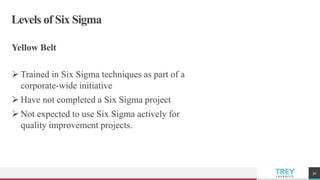 TREYresearch
Levels of Six Sigma
Yellow Belt
 Trained in Six Sigma techniques as part of a
corporate-wide initiative
 Have not completed a Six Sigma project
 Not expected to use Six Sigma actively for
quality improvement projects.
30
 