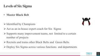 TREYresearch
Levels of Six Sigma
• Master Black Belt
 Identified by Champions
 Act as an in-house expert coach for Six Sigma
 Supports many improvement teams, not limited to a certain
number of projects
 Recruits and trains other Black Belts and Green Belts
 Deploy Six Sigma across various functions and departments
34
 