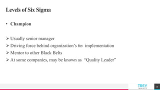 TREYresearch
Levels of Six Sigma
• Champion
 Usually senior manager
 Driving force behind organization’s 6σ implementation
 Mentor to other Black Belts
 At some companies, may be known as “Quality Leader”
35
 