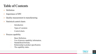TREYresearch
Table of Contents
 Definition
 Importance of SPC
 Quality measurement in manufacturing
 Statistical control charts
• Introduction
• Types of variation
• Control charts
 Process capability
• Basic Definition.
• Use of process capability information.
• Standardized formula.
• Relationship to product specification.
• The capability index.
40
 
