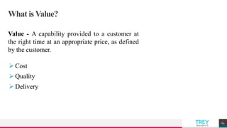 TREYresearch
What is Value?
Value - A capability provided to a customer at
the right time at an appropriate price, as defined
by the customer.
 Cost
 Quality
 Delivery
64
 