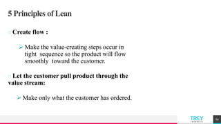 TREYresearch
5 Principles of Lean
Create flow :
 Make the value-creating steps occur in
tight sequence so the product will flow
smoothly toward the customer.
Let the customer pull product through the
value stream:
 Make only what the customer has ordered.
69
 