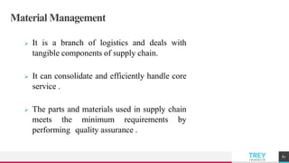 TREYresearch
Material Management
 It is a branch of logistics and deals with
tangible components of supply chain.
 It can consolidate and efficiently handle core
service .
 The parts and materials used in supply chain
meets the minimum requirements by
performing quality assurance .
82
 