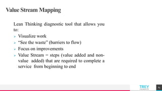 TREYresearch
Value Stream Mapping
Lean Thinking diagnostic tool that allows you
to:
 Visualize work
 “See the waste” (barriers to flow)
 Focus on improvements
 Value Stream = steps (value added and non-
value added) that are required to complete a
service from beginning to end
83
 