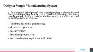 TREYresearch
Design a Simple Manufacturing System
A fundamental principle of lean manufacturing is demand-based
flow manufacturing. In this type of production setting, inventory
is only pulled through each production centre when it is needed
to meet a customer’s order.
 The benefits of this goal include
 decreased cycle time
 less inventory
 increased productivity
 increased capital equipment utilization
87
 