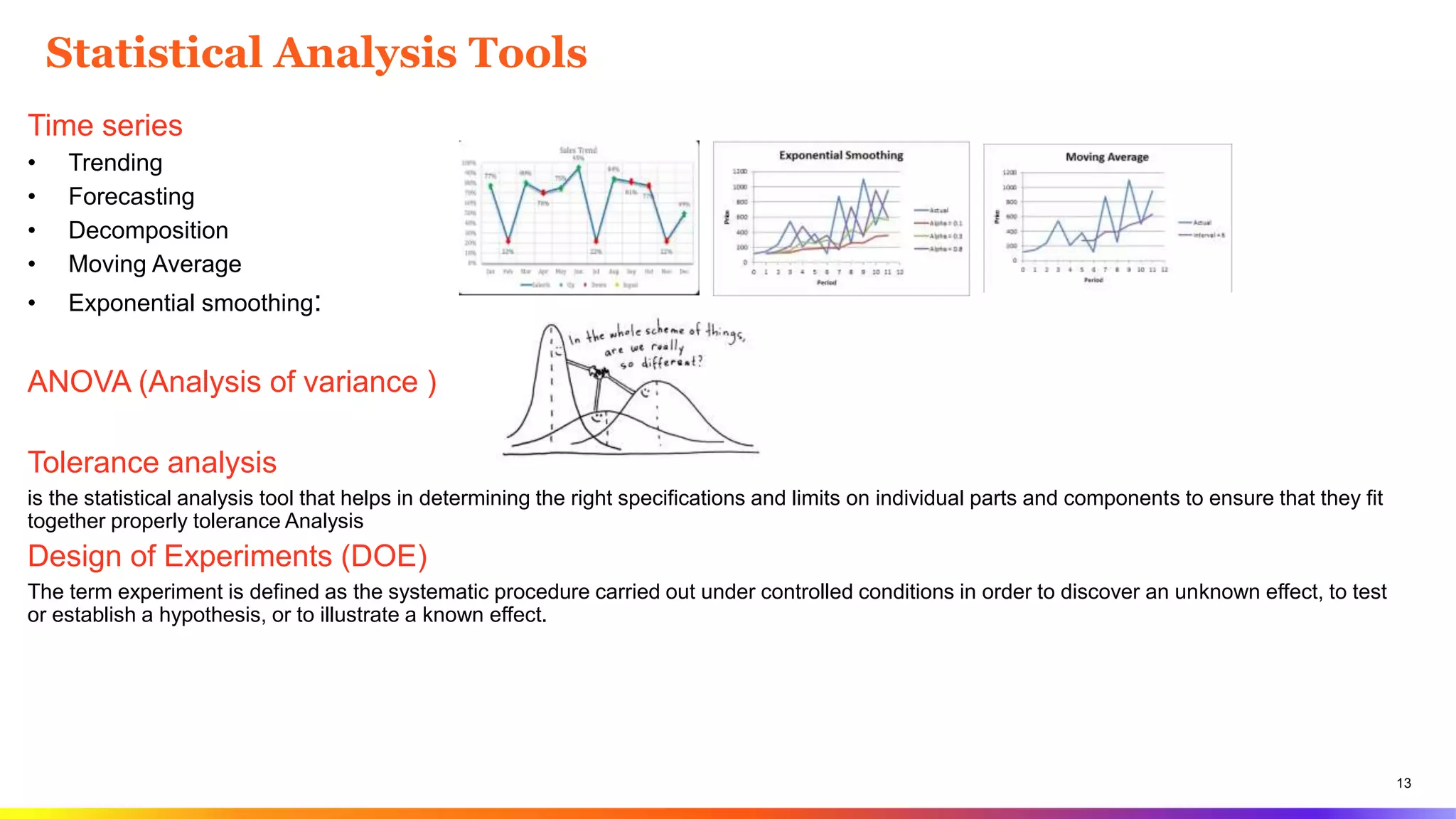 13
Statistical Analysis Tools
Time series
• Trending
• Forecasting
• Decomposition
• Moving Average
• Exponential smoothing:
ANOVA (Analysis of variance )
Tolerance analysis
is the statistical analysis tool that helps in determining the right specifications and limits on individual parts and components to ensure that they fit
together properly tolerance Analysis
Design of Experiments (DOE)
The term experiment is defined as the systematic procedure carried out under controlled conditions in order to discover an unknown effect, to test
or establish a hypothesis, or to illustrate a known effect.
 