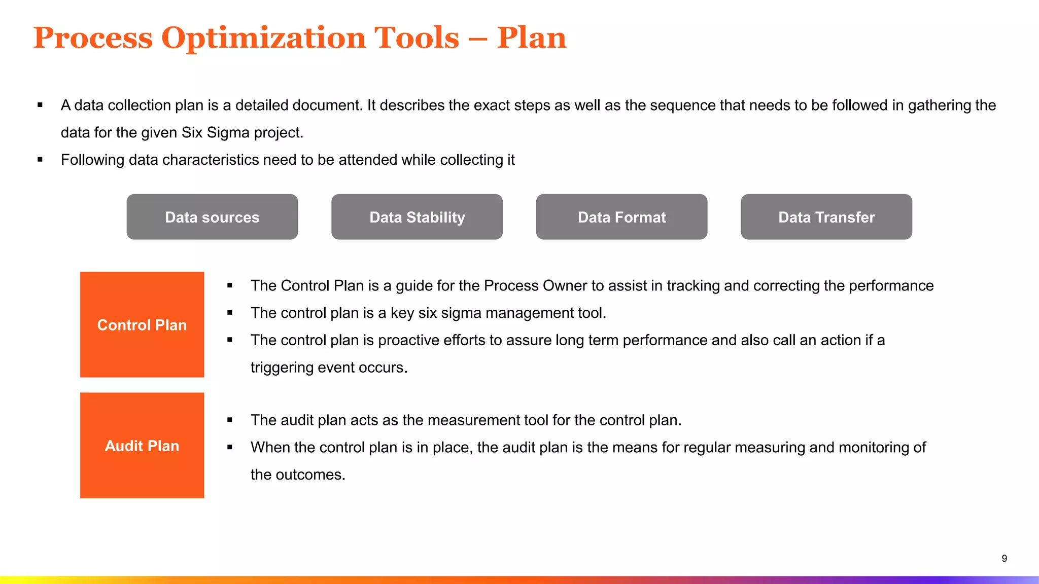 9
Process Optimization Tools – Plan
 A data collection plan is a detailed document. It describes the exact steps as well as the sequence that needs to be followed in gathering the
data for the given Six Sigma project.
 Following data characteristics need to be attended while collecting it
Data sources Data Stability Data Format Data Transfer
Control Plan
Audit Plan
 The Control Plan is a guide for the Process Owner to assist in tracking and correcting the performance
 The control plan is a key six sigma management tool.
 The control plan is proactive efforts to assure long term performance and also call an action if a
triggering event occurs.
 The audit plan acts as the measurement tool for the control plan.
 When the control plan is in place, the audit plan is the means for regular measuring and monitoring of
the outcomes.
 