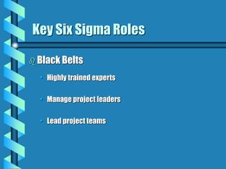 Key Six Sigma Roles
 Black Belts
• Highly trained experts
• Manage project leaders
• Lead project teams
 