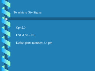 To achieve Six-Sigma
Cp=2.0
USL-LSL=12σ
Defect parts number: 3.4 pm
 