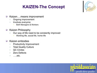 KAIZEN-The Concept Kaizen….means improvement Ongoing improvement Involves everyone Both Managers & Workers Kaizen Philosophy Our way of life need to be constantly improved Working life, social life, home life Kaizen embodies Productivity Improvement Total Quality Culture QC Circles Zero Defects … ..etc. 