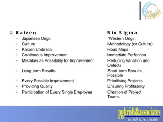 Kaizen  Six Sigma Japanese Origin  Western Origin Culture  Methodology (or Culture) Kaizen Umbrella  Road Maps Continuous Improvement  Immediate Perfection Mistakes as Possibility for Improvement  Reducing Variation and  Defects Long-term Results  Short-term Results  Possible Every Possible Improvement Prioritising Projects Providing Quality  Ensuring Profitability Participation of Every Single Employee  Creation of Project  Teams 