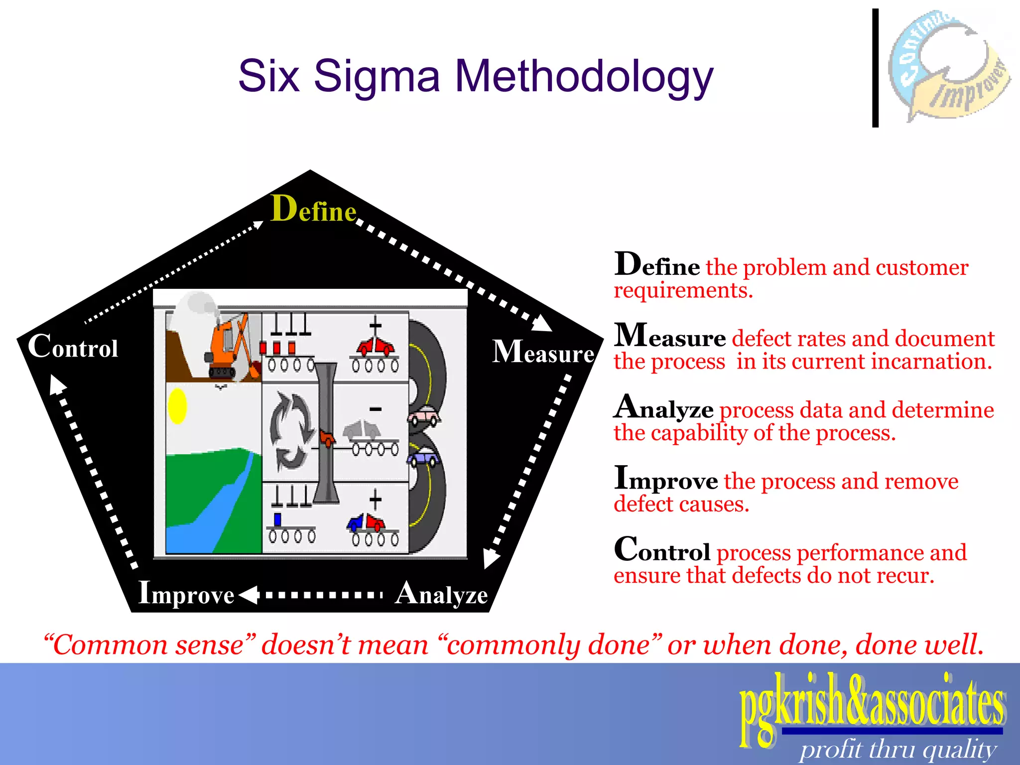 D efine C ontrol I mprove A nalyze M easure D efine   the problem and customer requirements. M easure  defect rates and document the process  in its current incarnation. A nalyze  process data and determine the capability of the process. I mprove  the process and remove defect causes. C ontrol  process performance and ensure that defects do not recur. “ Common sense” doesn’t mean “commonly done” or when done, done well. Six Sigma Methodology 
