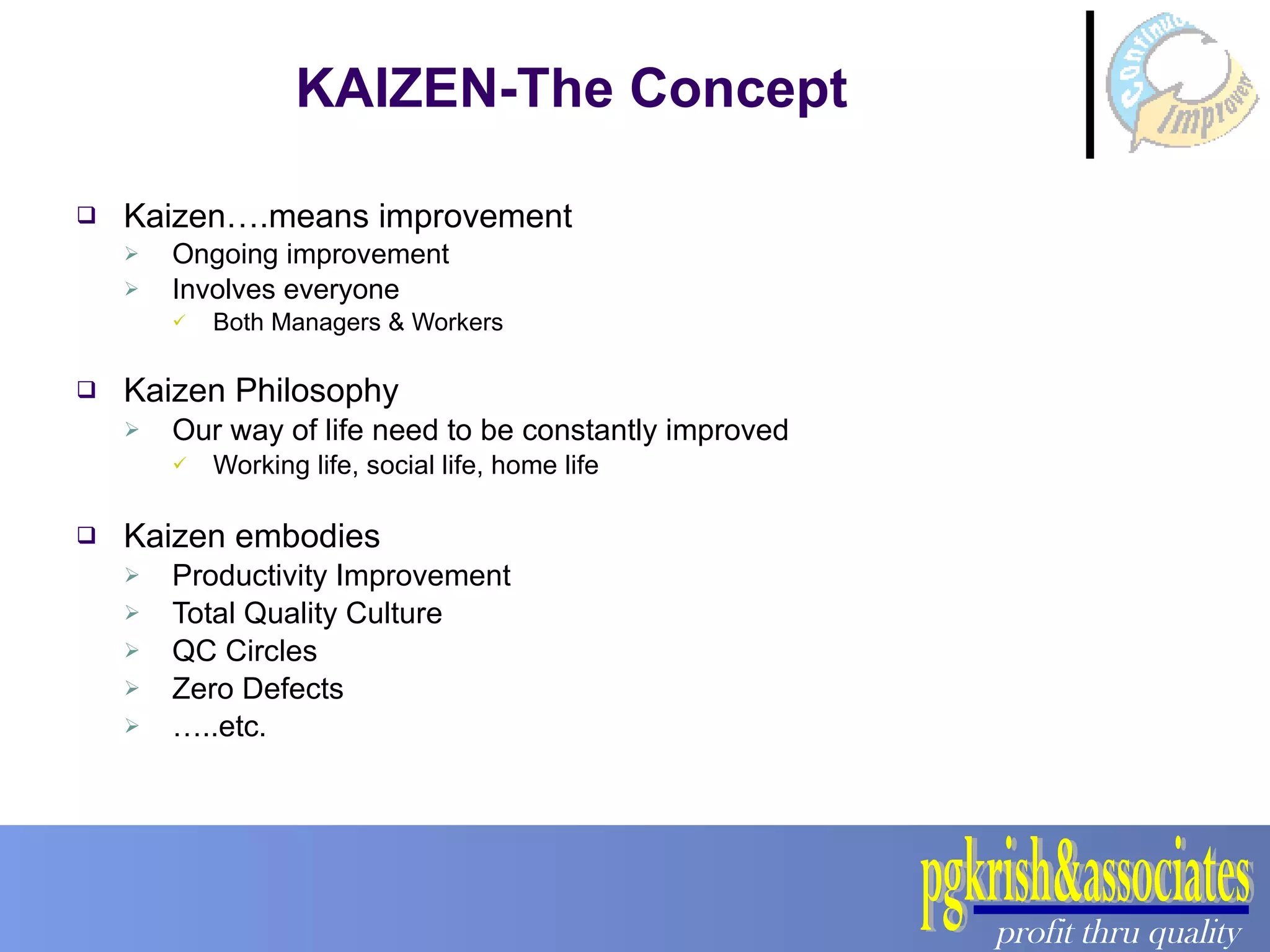 KAIZEN-The Concept Kaizen….means improvement Ongoing improvement Involves everyone Both Managers & Workers Kaizen Philosophy Our way of life need to be constantly improved Working life, social life, home life Kaizen embodies Productivity Improvement Total Quality Culture QC Circles Zero Defects … ..etc. 