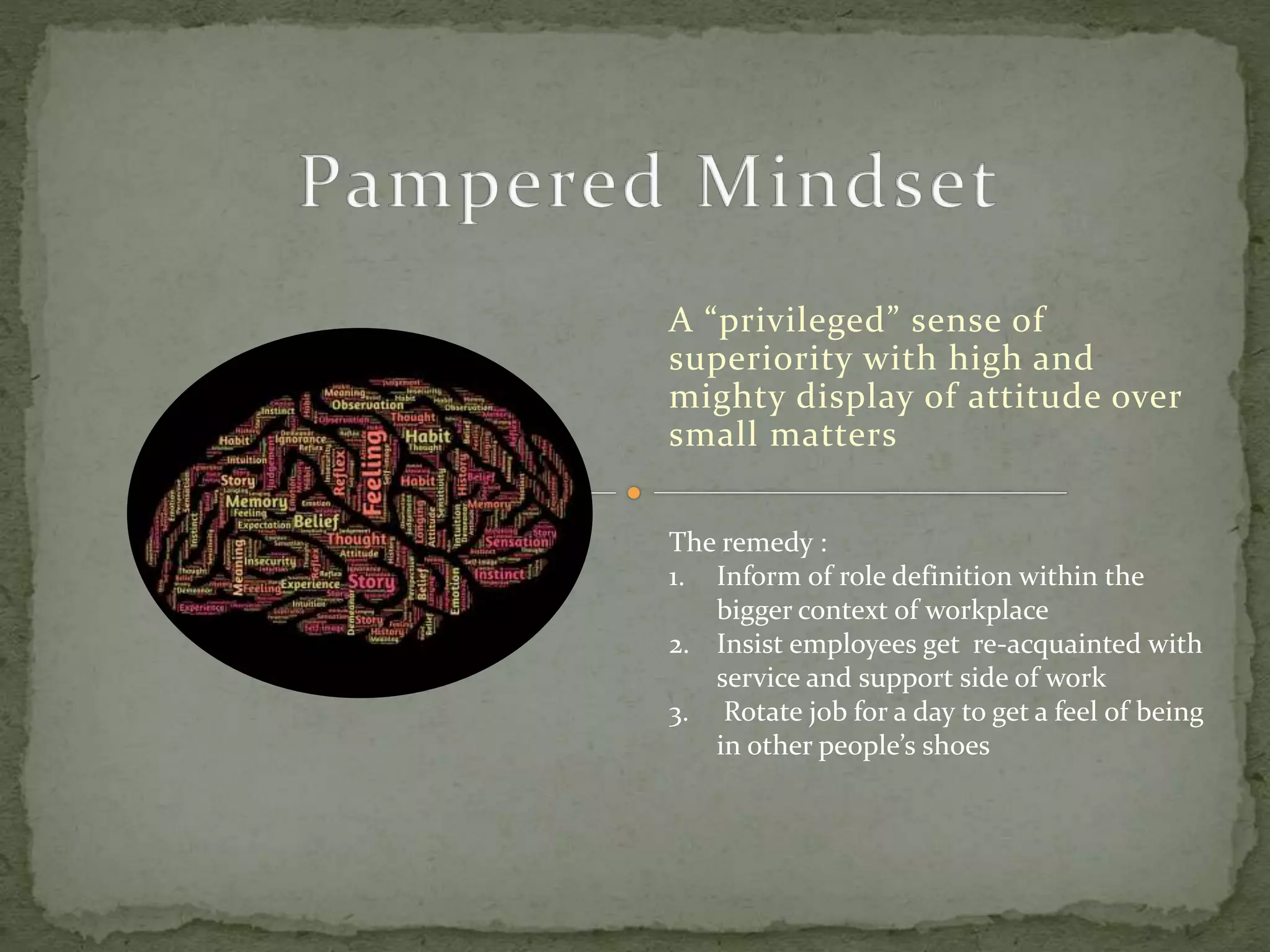 A “privileged” sense of
superiority with high and
mighty display of attitude over
small matters
The remedy :
1. Inform of role definition within the
bigger context of workplace
2. Insist employees get re-acquainted with
service and support side of work
3. Rotate job for a day to get a feel of being
in other people’s shoes
 