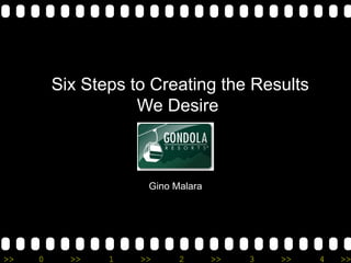 Six Steps to Creating the Results
                    We Desire



                     Gino Malara




>>   0     >>   1   >>     2       >>   3   >>   4   >>
 
