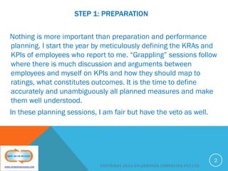 STEP 1: PREPARATION
Nothing is more important than preparation and performance
planning. I start the year by meticulously defining the KRAs and
KPIs of employees who report to me. “Grappling” sessions follow
where there is much discussion and arguments between
employees and myself on KPIs and how they should map to
ratings, what constitutes outcomes. It is the time to define
accurately and unambiguously all planned measures and make
them well understood.
In these planning sessions, I am fair but have the veto as well.

2
COPYRIGHT 2011 VALUEMOVES COMPUTING PVT LTD

 