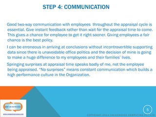 STEP 4: COMMUNICATION
Good two-way communication with employees throughout the appraisal cycle is
essential. Give instant feedback rather than wait for the appraisal time to come.
This gives a chance for employee to get it right sooner. Giving employees a fair
chance is the best policy.
I can be erroneous in arriving at conclusions without incontrovertible supporting
data since there is unavoidable office politics and the decision of mine is going
to make a huge difference to my employees and their families’ lives.

Springing surprises at appraisal time speaks badly of me, not the employee
being appraised. “No surprises” means constant communication which builds a
high performance culture in the Organization.

5
COPYRIGHT 2011 VALUEMOVES COMPUTING PVT LTD

 