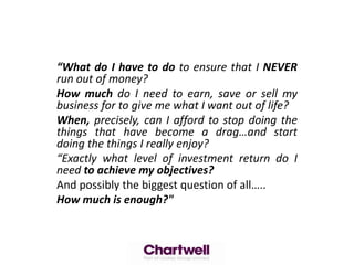 “What do I have to do to ensure that I NEVER run out of money? How much do I need to earn, save or sell my business for to give me what I want out of life? When, precisely, can I afford to stop doing the things that have become a drag…and start doing the things I really enjoy? “Exactly what level of investment return do I need to achieve my objectives? And possibly the biggest question of all….. How much is enough?" 