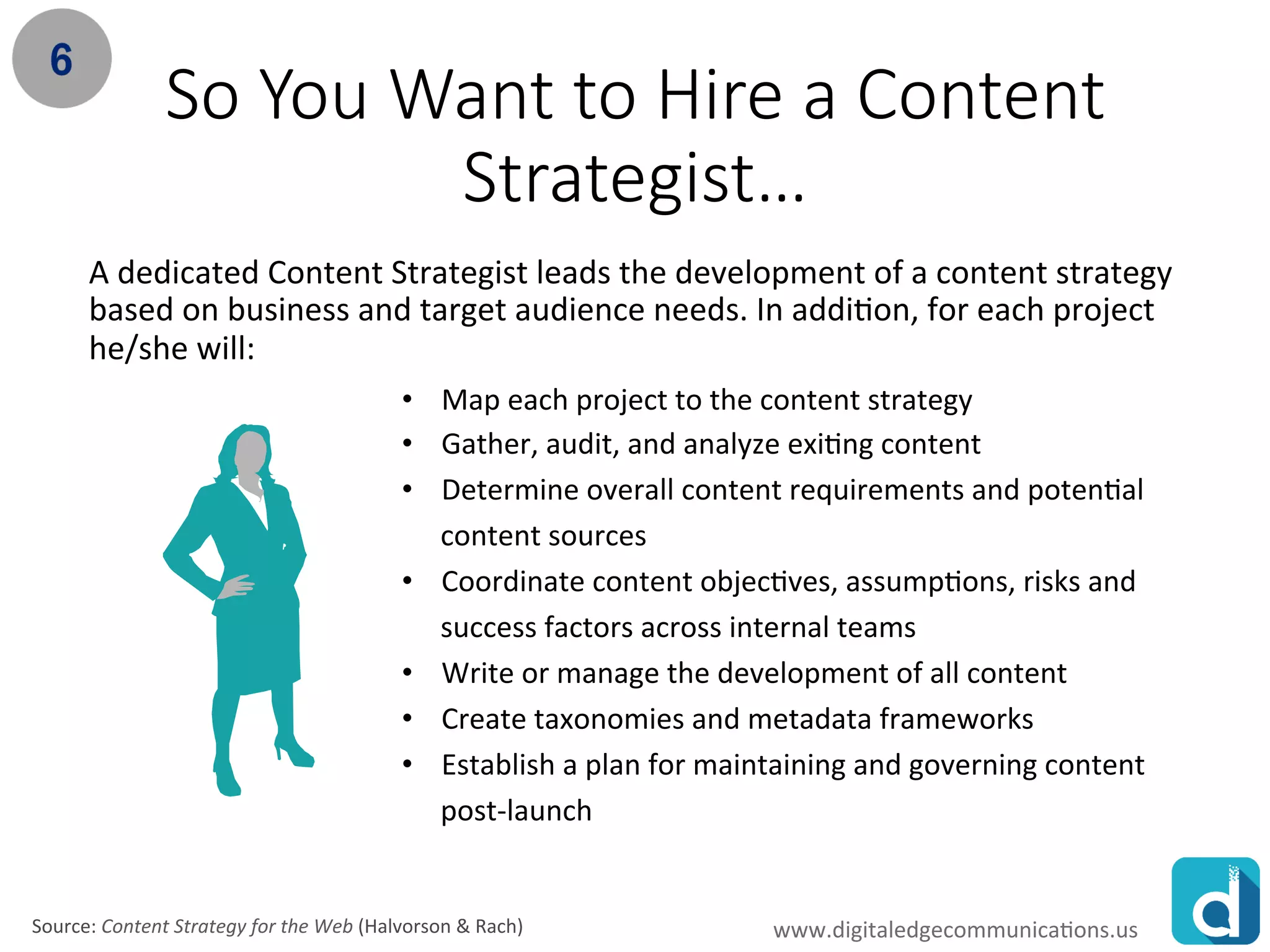 www.rawoonpowerpoint.com
So You Want to Hire a Content
Strategist…
A dedicated Content Strategist leads the development of a content strategy
based on business and target audience needs. In addition, for each project
he/she will:
• Map each project to the content strategy
• Gather, audit, and analyze exiting content
• Determine overall content requirements and potential
content sources
• Coordinate content objectives, assumptions, risks and
success factors across internal teams
• Write or manage the development of all content
• Create taxonomies and metadata frameworks
• Establish a plan for maintaining and governing content
post-launch
Source: Content Strategy for the Web (Halvorson & Rach) www.digitaledgecommunications.us
 