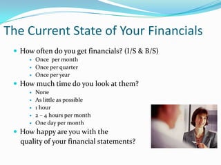 The Current State of Your Financials
  How often do you get financials? (I/S & B/S)
         Once per month
         Once per quarter
         Once per year
  How much time do you look at them?
         None
         As little as possible
         1 hour
         2 – 4 hours per month
         One day per month
  How happy are you with the
   quality of your financial statements?
 