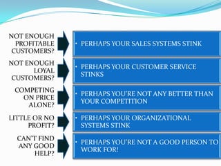 NOT ENOUGH
  PROFITABLE   • PERHAPS YOUR SALES SYSTEMS STINK
 CUSTOMERS?
NOT ENOUGH
               • PERHAPS YOUR CUSTOMER SERVICE
      LOYAL
                 STINKS
 CUSTOMERS?
 COMPETING
               • PERHAPS YOU’RE NOT ANY BETTER THAN
   ON PRICE
                 YOUR COMPETITION
    ALONE?
LITTLE OR NO   • PERHAPS YOUR ORGANIZATIONAL
     PROFIT?     SYSTEMS STINK
  CAN’T FIND
               • PERHAPS YOU’RE NOT A GOOD PERSON TO
  ANY GOOD
                 WORK FOR!
      HELP?
 