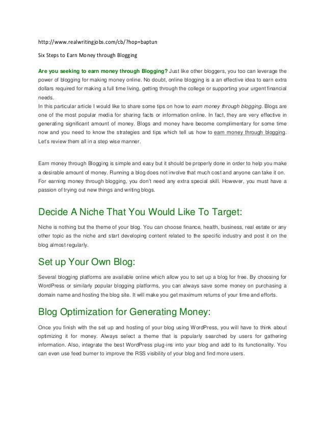 Six Steps To Earn Money Through Blogging - earn money through blogging http www realwritingjobs com cb hop baptunsix