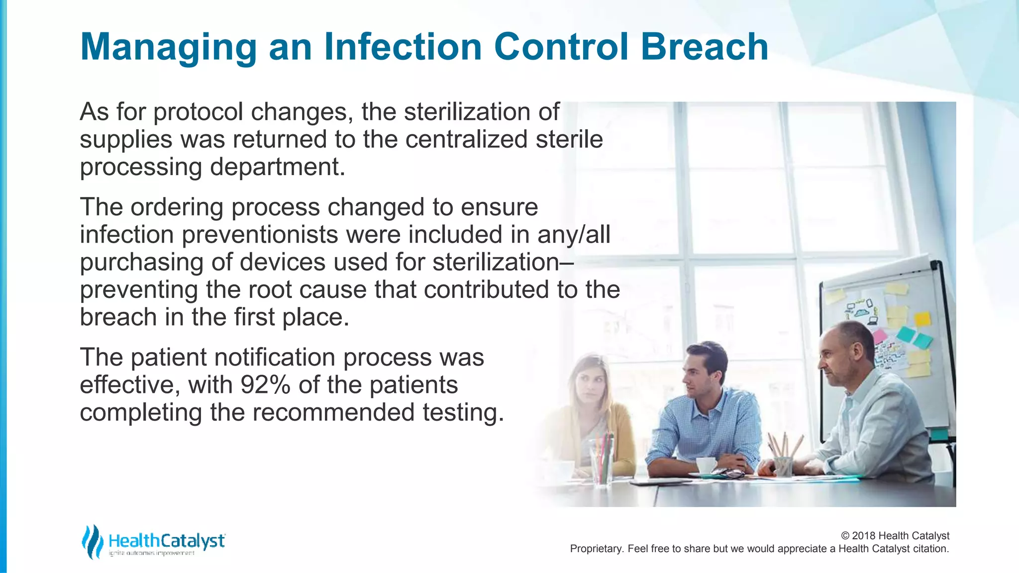 © 2018 Health Catalyst
Proprietary. Feel free to share but we would appreciate a Health Catalyst citation.
Managing an Infection Control Breach
As for protocol changes, the sterilization of
supplies was returned to the centralized sterile
processing department.
The ordering process changed to ensure
infection preventionists were included in any/all
purchasing of devices used for sterilization–
preventing the root cause that contributed to the
breach in the first place.
The patient notification process was
effective, with 92% of the patients
completing the recommended testing.
 