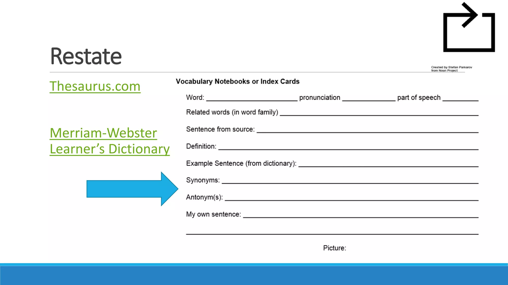 Restate
Thesaurus.com
Merriam-Webster
Learner’s Dictionary
 